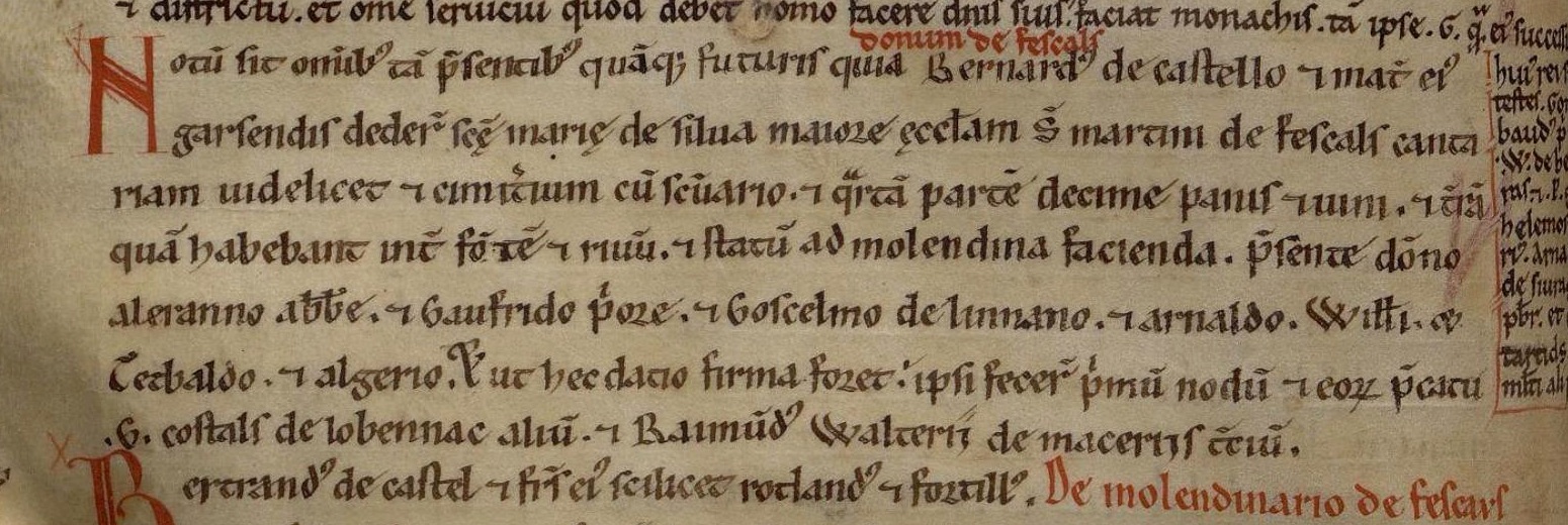 Extrait du Grand Cartulaire de La Sauve-Majeure, Ms. 769, page 176, mentionnant Saint-Martin de Fescals et la dîme du vin